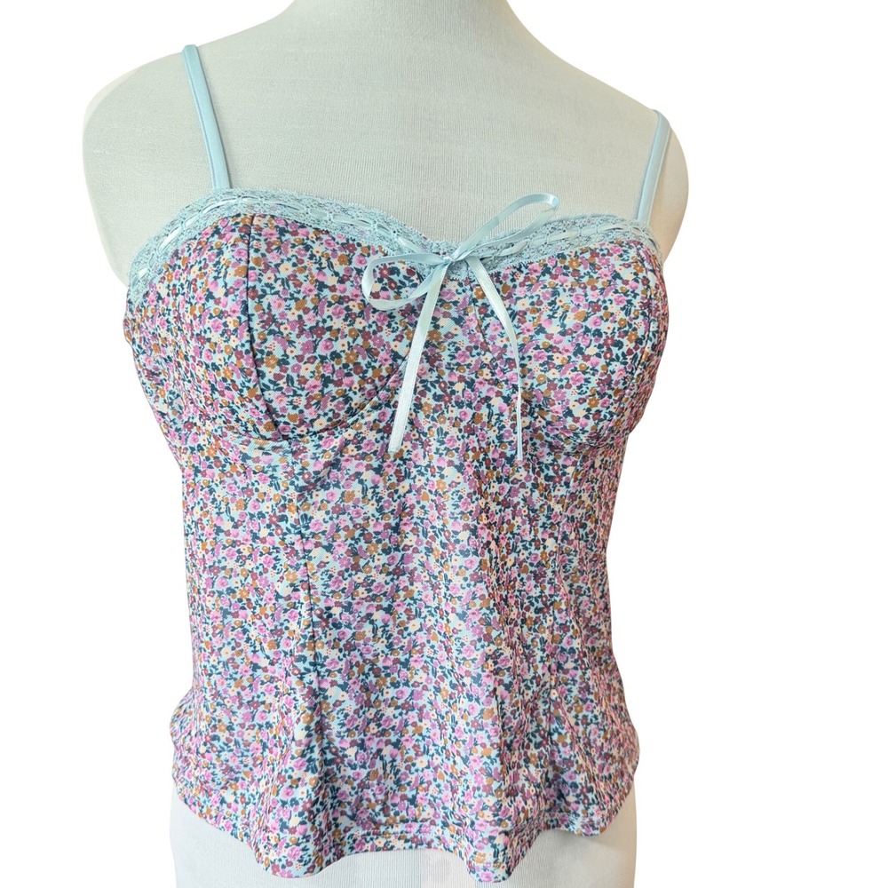 Floral Bustier Cami Top XL 16-18 Blue Purple Lace Trim Bow Coquette Y2K Retro